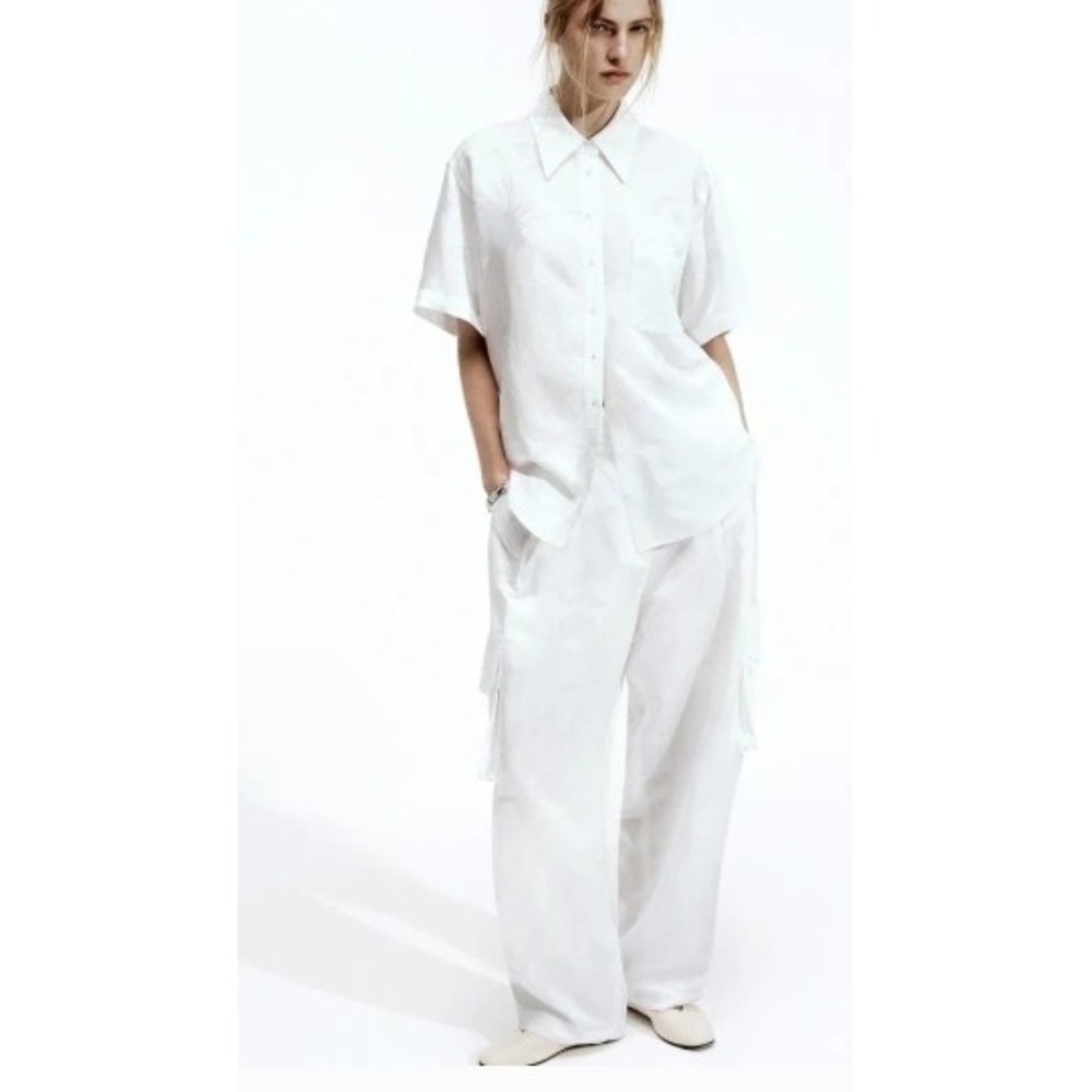 COS 2-Piece Set Women 8 White Jacquard Tropical Shirt Cargo Pants Resort Minimal